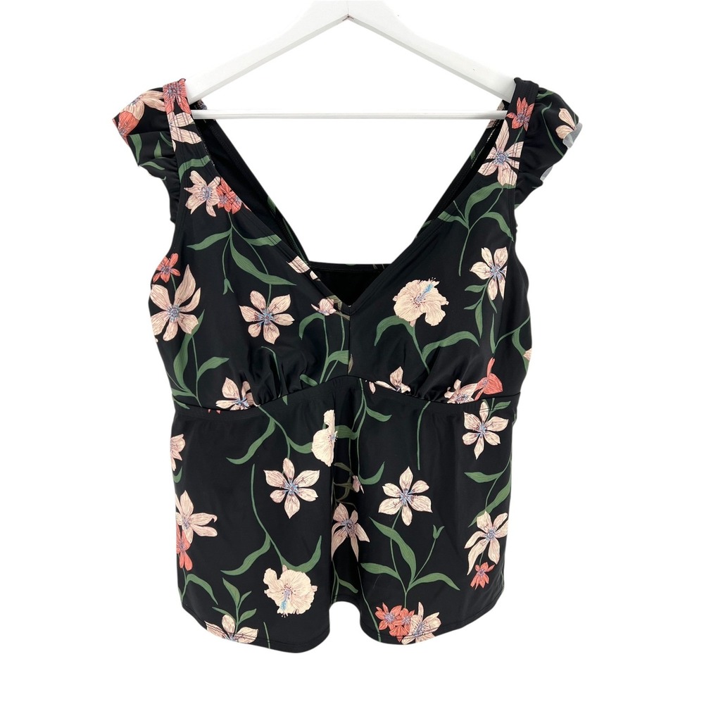 Shade & Shore Tankini Top Women 1X Black Floral Ruffle Sleeve V-Neck Swimwear